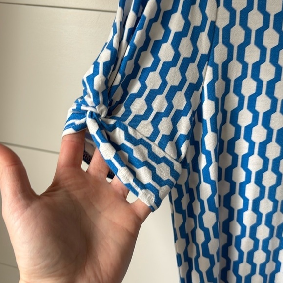 Boden Blue White Knot Detail Jersey Geometric Knee Length Tie Waist Dress Size 4 - Picture 6 of 13